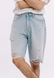 Ripped Denim Shorts - Light Blue Wash