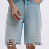 Ripped Denim Shorts - Light Blue Wash