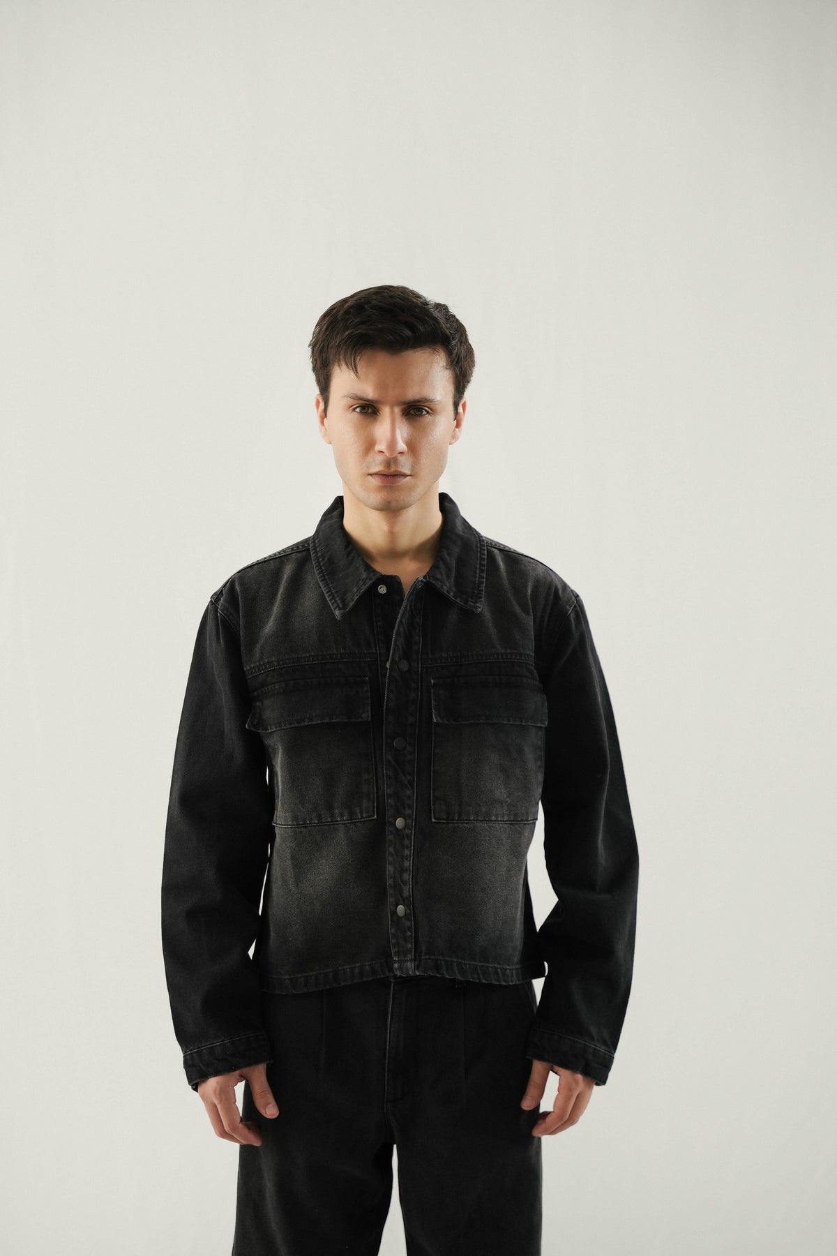 Cropped Fit Denim Shirt- Black Stone Wash