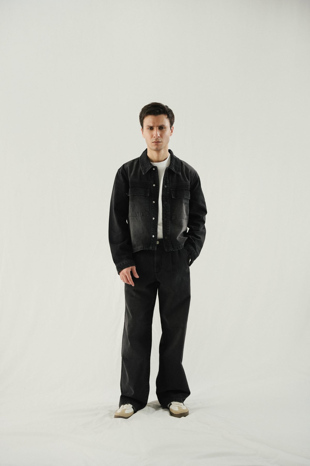 Cropped Fit Denim Shirt- Black Stone Wash