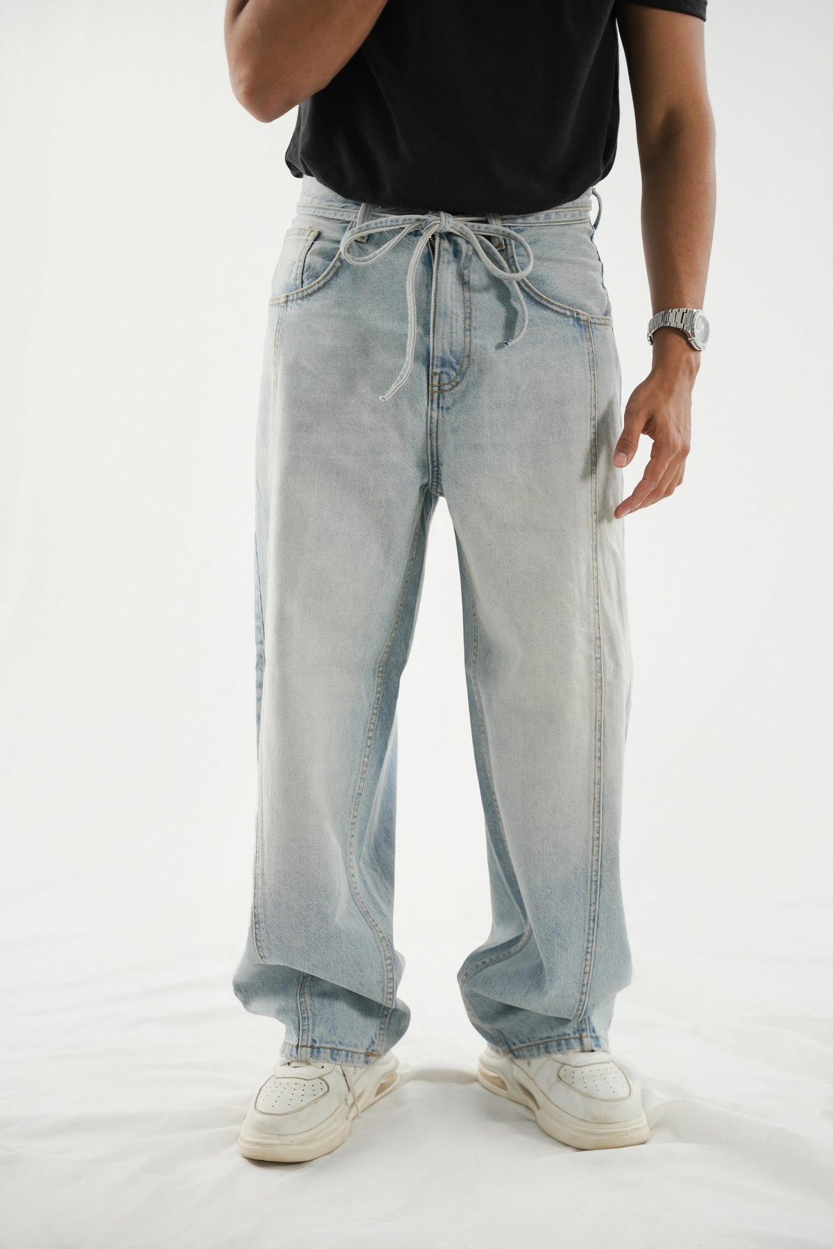 Barrel Fit Jeans With Cord - Sky Blue