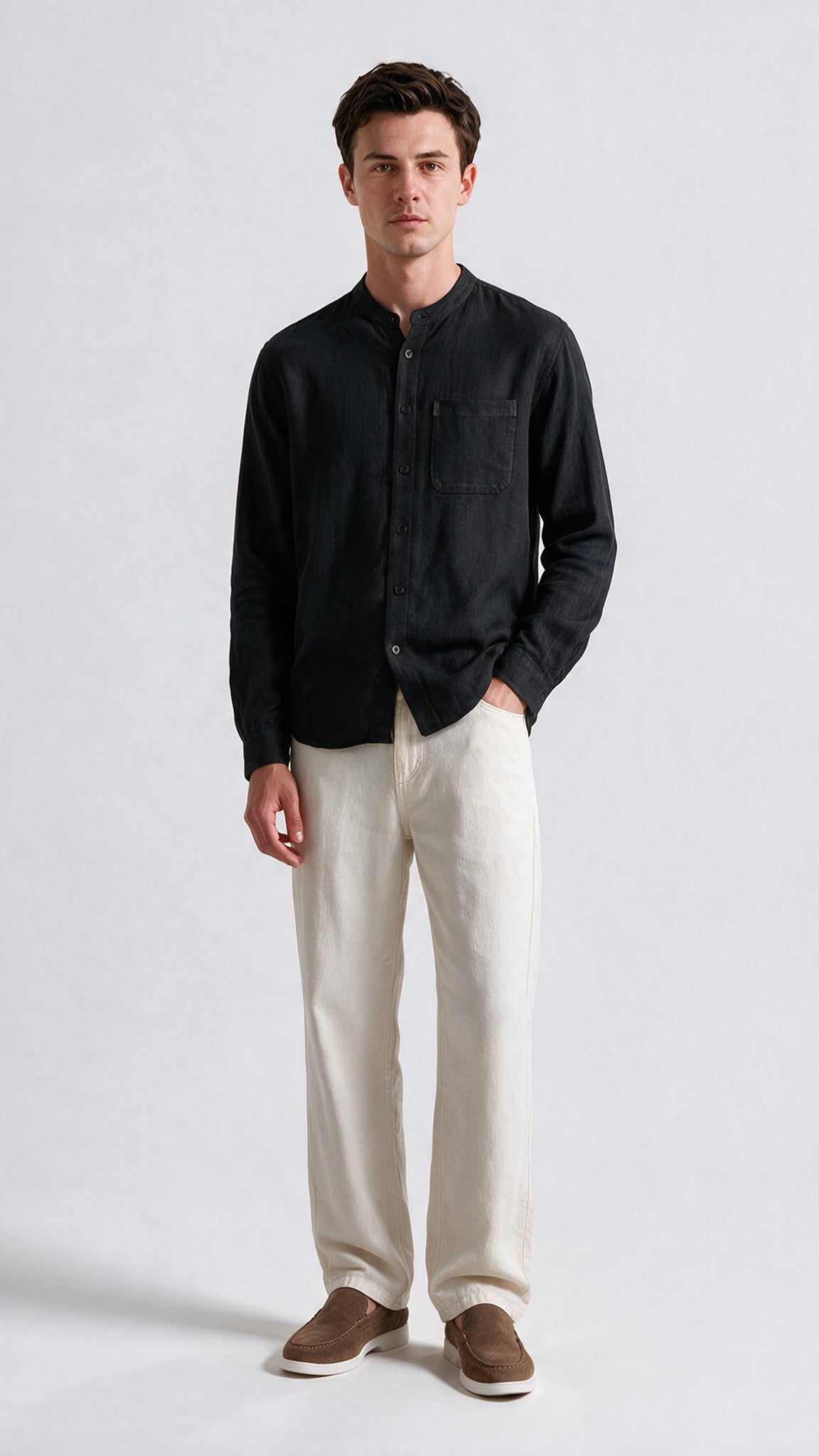 Mandarin Collar Linen Shirt - Black