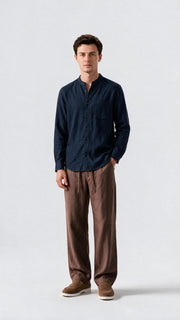 Mandarin Collar Linen Shirt - Navy Blue