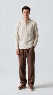 Mandarin Collar Linen Shirt - Off White