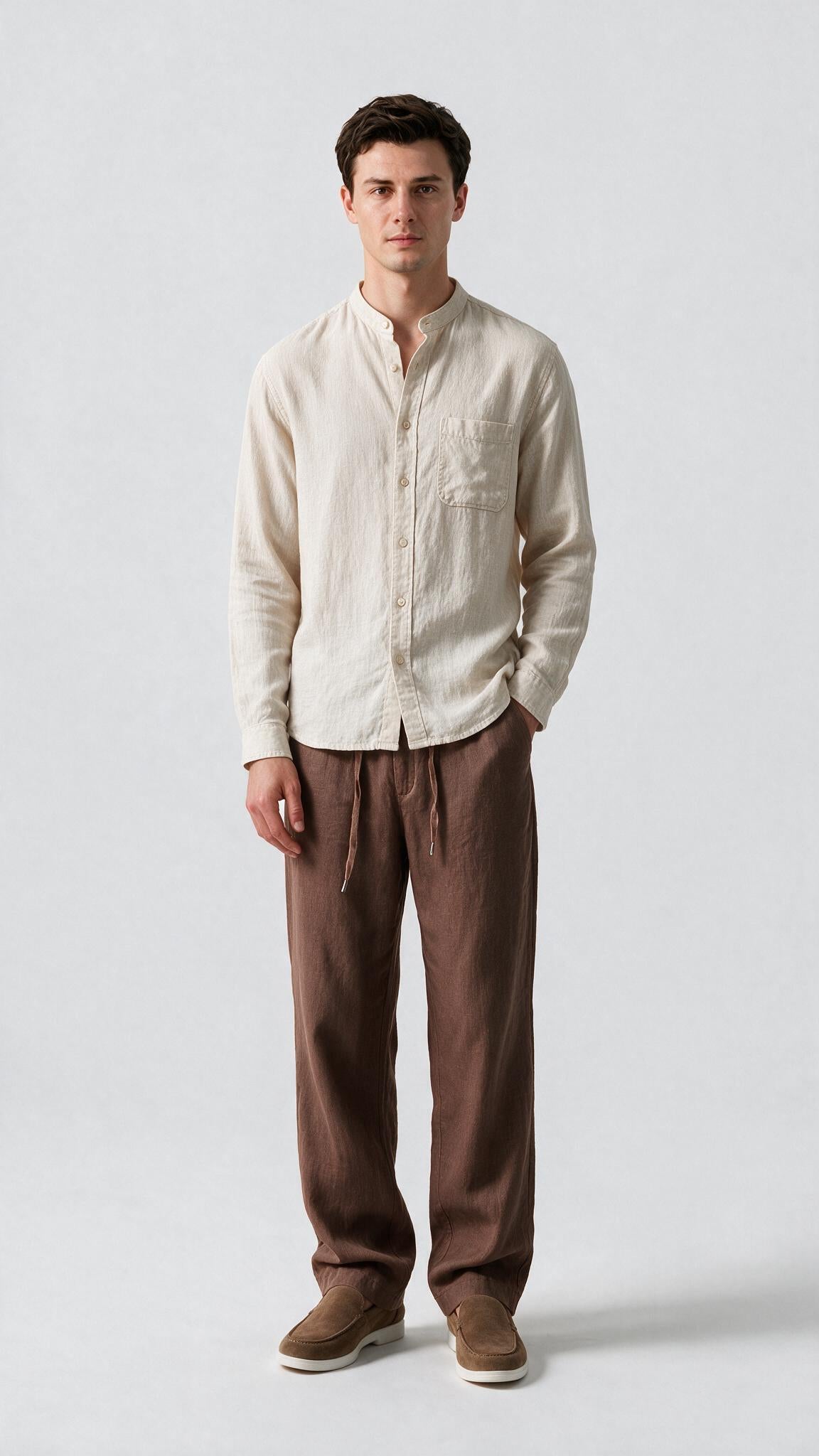 Mandarin Collar Linen Shirt - Off White