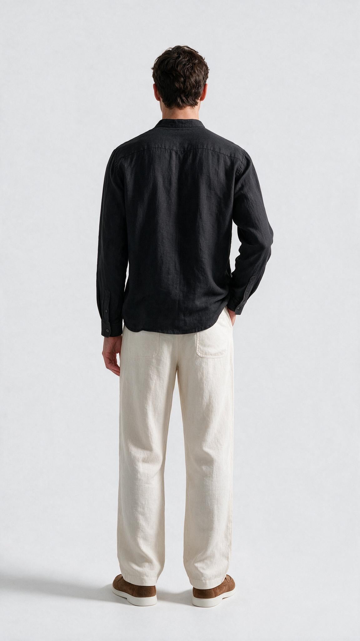 Mandarin Collar Linen Shirt - Black