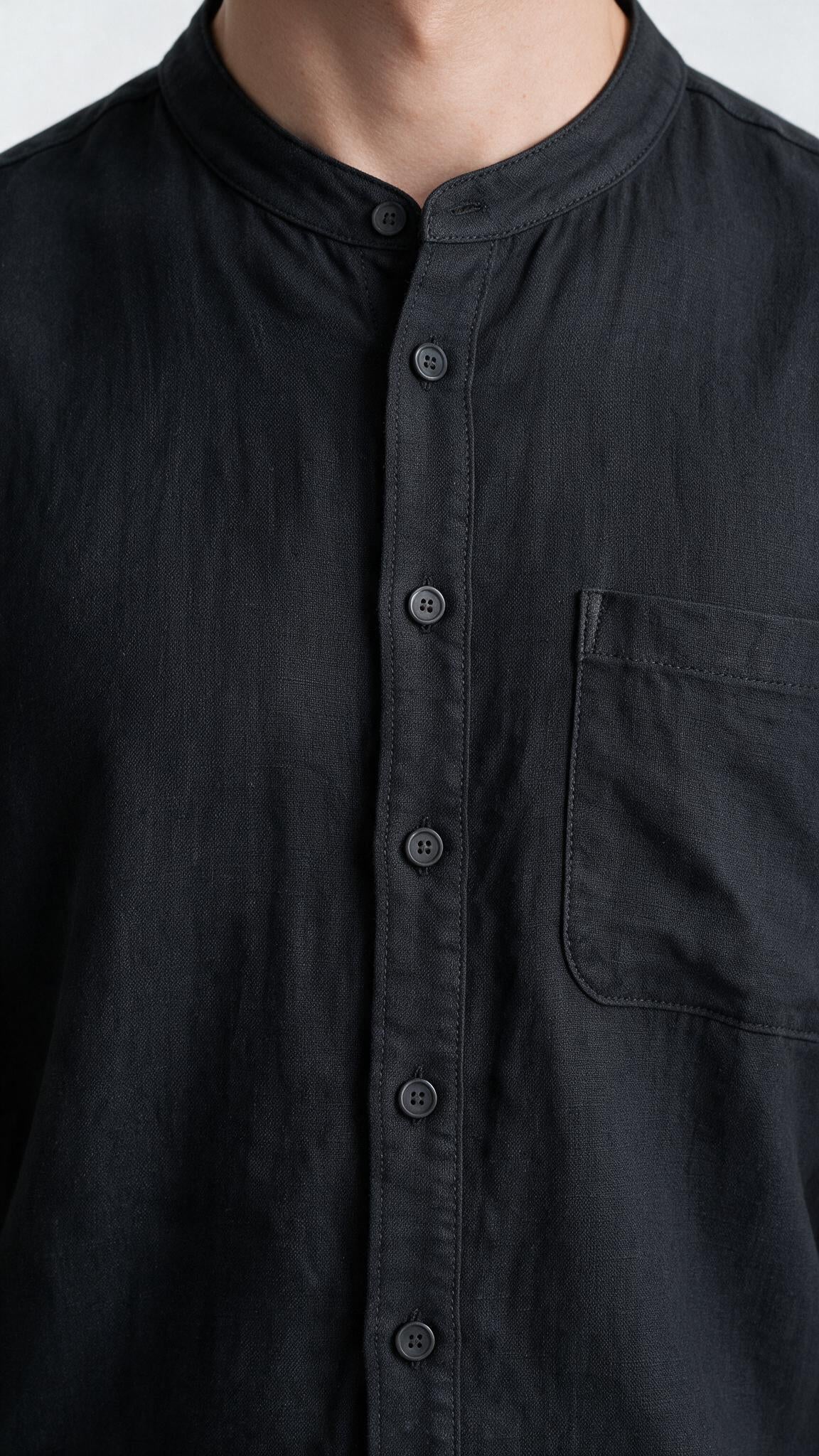 Mandarin Collar Linen Shirt - Black