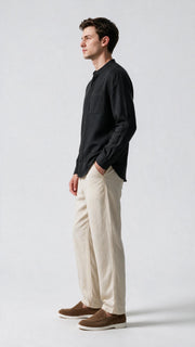 Mandarin Collar Linen Shirt - Black