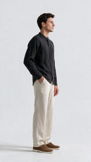 Mandarin Collar Linen Shirt - Black