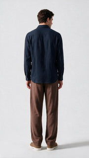 Mandarin Collar Linen Shirt - Navy Blue