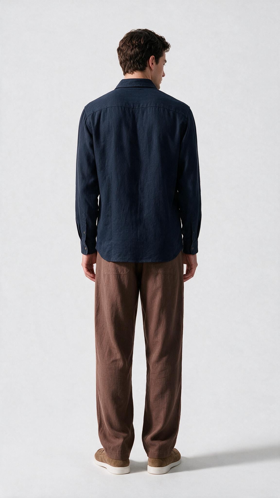 Mandarin Collar Linen Shirt - Navy Blue
