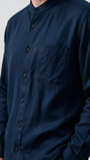 Mandarin Collar Linen Shirt - Navy Blue