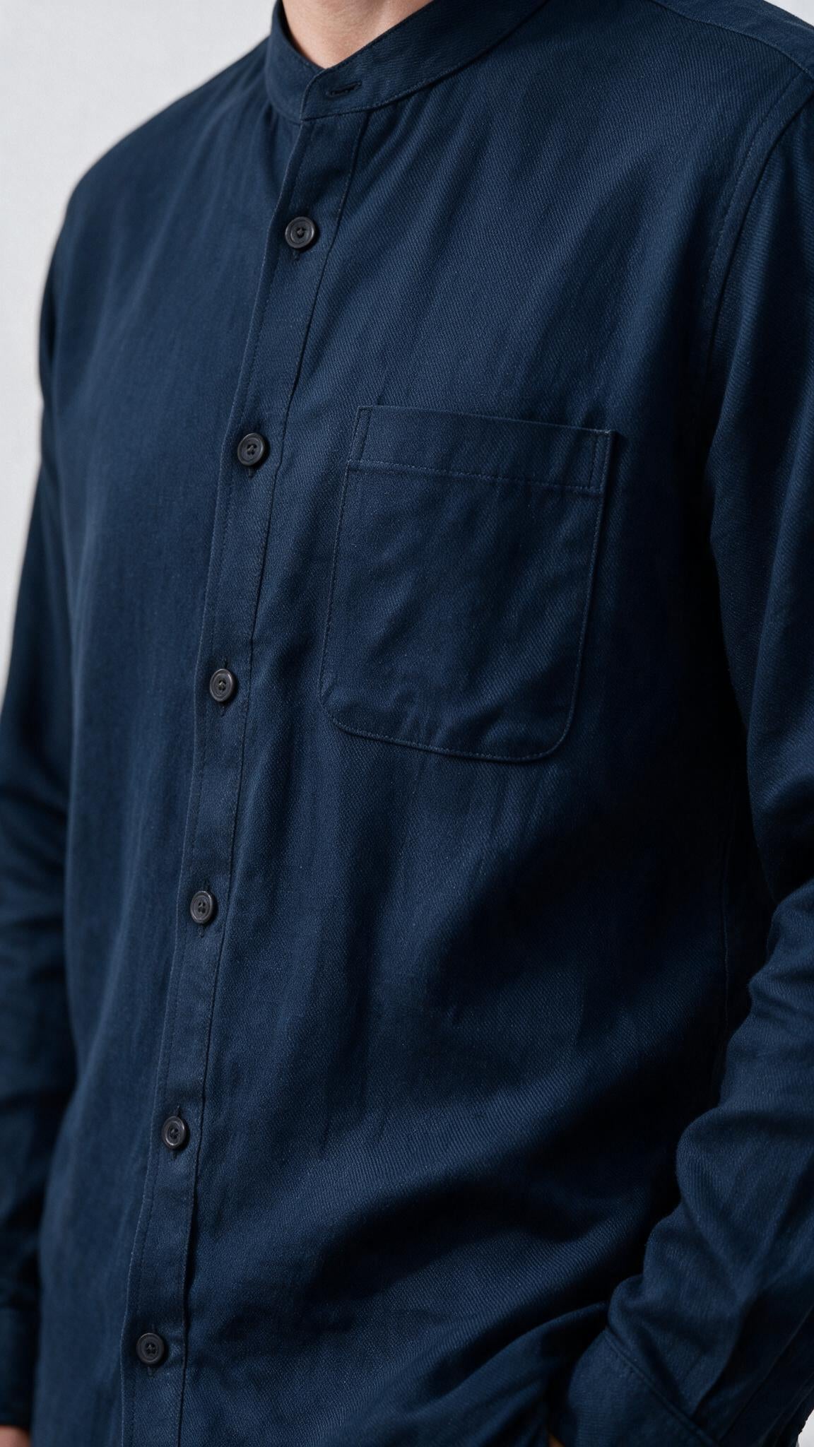 Mandarin Collar Linen Shirt - Navy Blue