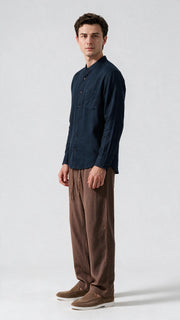 Mandarin Collar Linen Shirt - Navy Blue