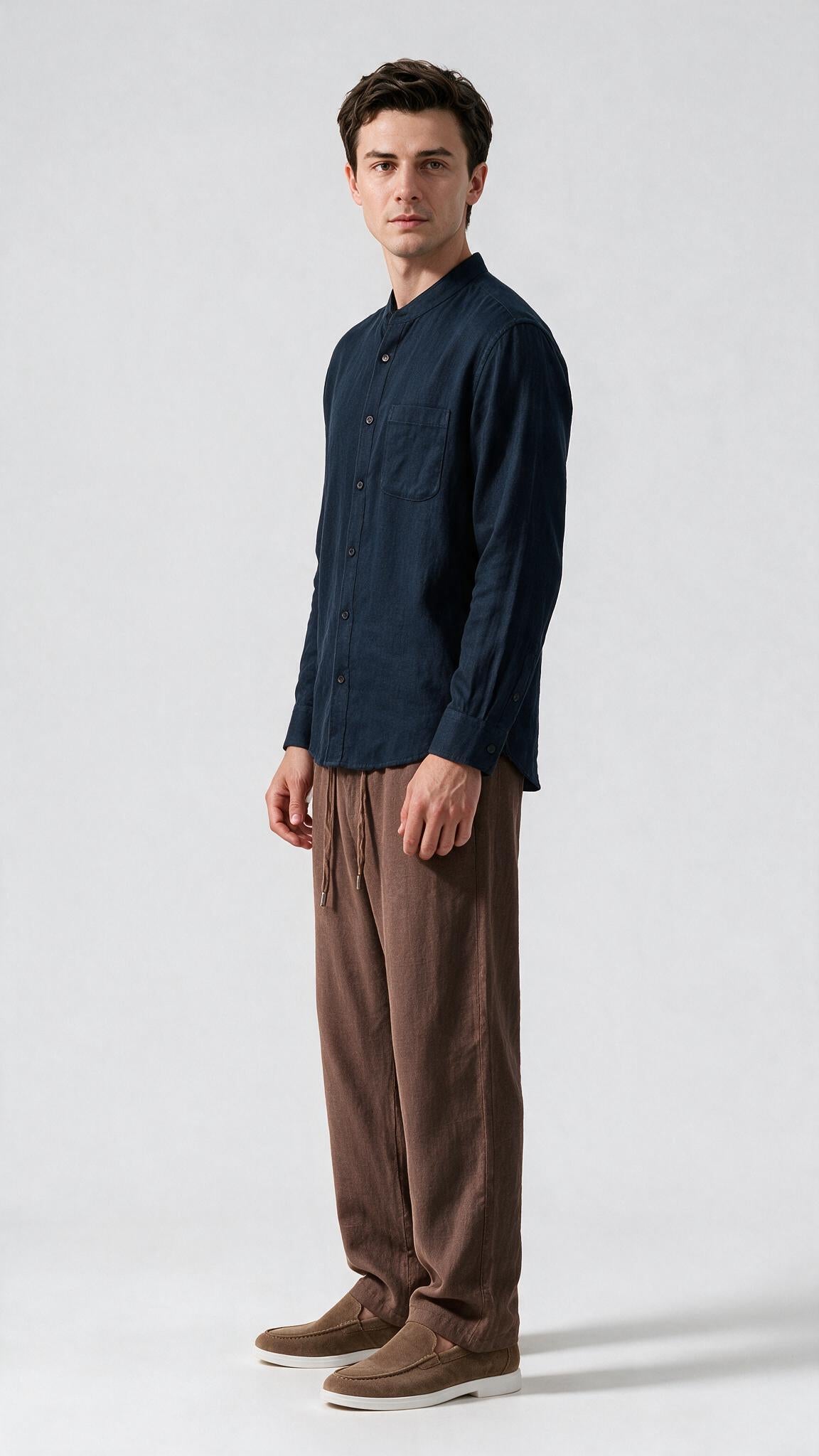 Mandarin Collar Linen Shirt - Navy Blue