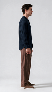 Mandarin Collar Linen Shirt - Navy Blue