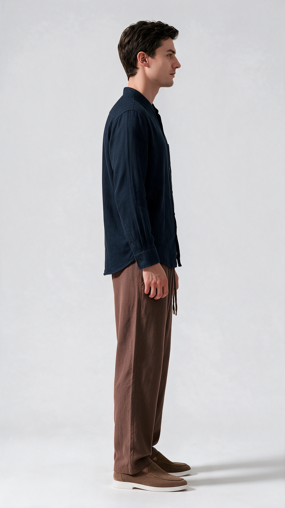 Mandarin Collar Linen Shirt - Navy Blue