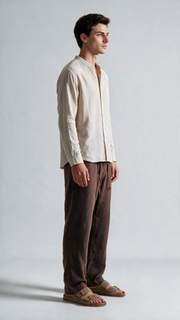 Mandarin Collar Linen Shirt - Off White