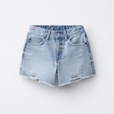 RIPPED STUDDED DENIM SHORT - BLUE