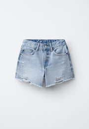 RIPPED STUDDED DENIM SHORT - BLUE