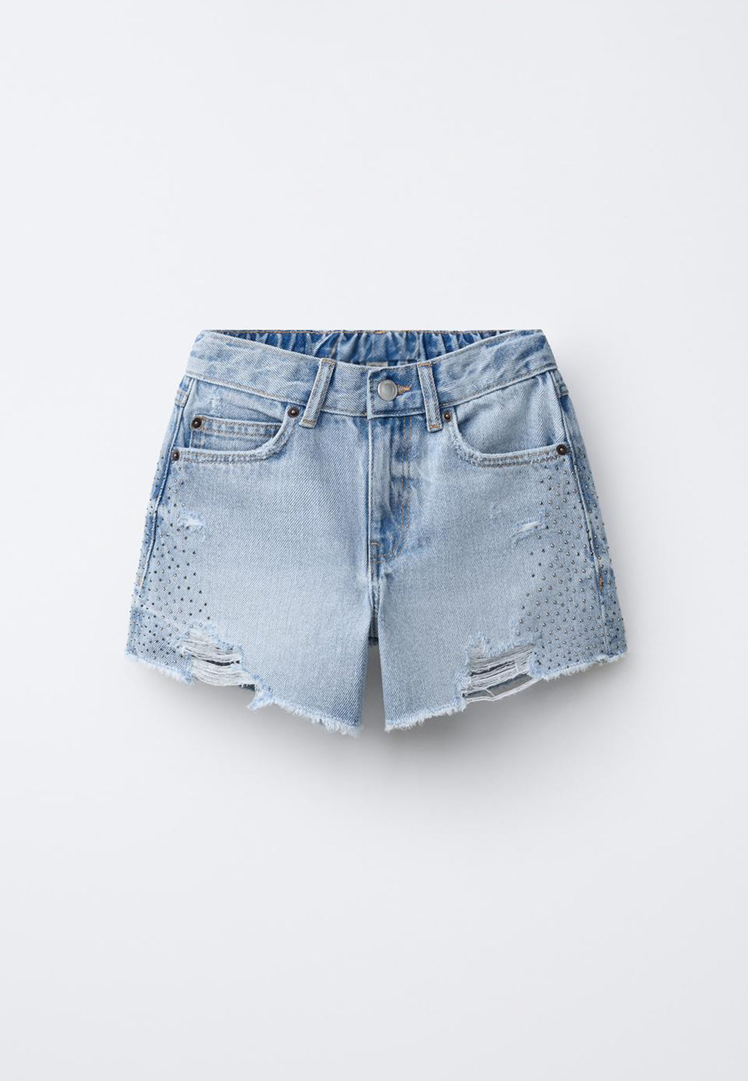 RIPPED STUDDED DENIM SHORT - BLUE