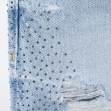 RIPPED STUDDED DENIM SHORT - BLUE