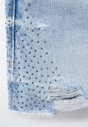 RIPPED STUDDED DENIM SHORT - BLUE