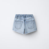 RIPPED STUDDED DENIM SHORT - BLUE