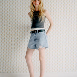 RIPPED STUDDED DENIM SHORT - BLUE