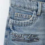 STREETWEAR EMBROIDERED LONG LINE DENIM SHORT - DIRTY BLUE