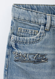 STREETWEAR EMBROIDERED LONG LINE DENIM SHORT - DIRTY BLUE