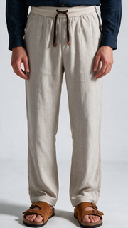 Relaxed Fit Herringbone Linen Trousers - Beige