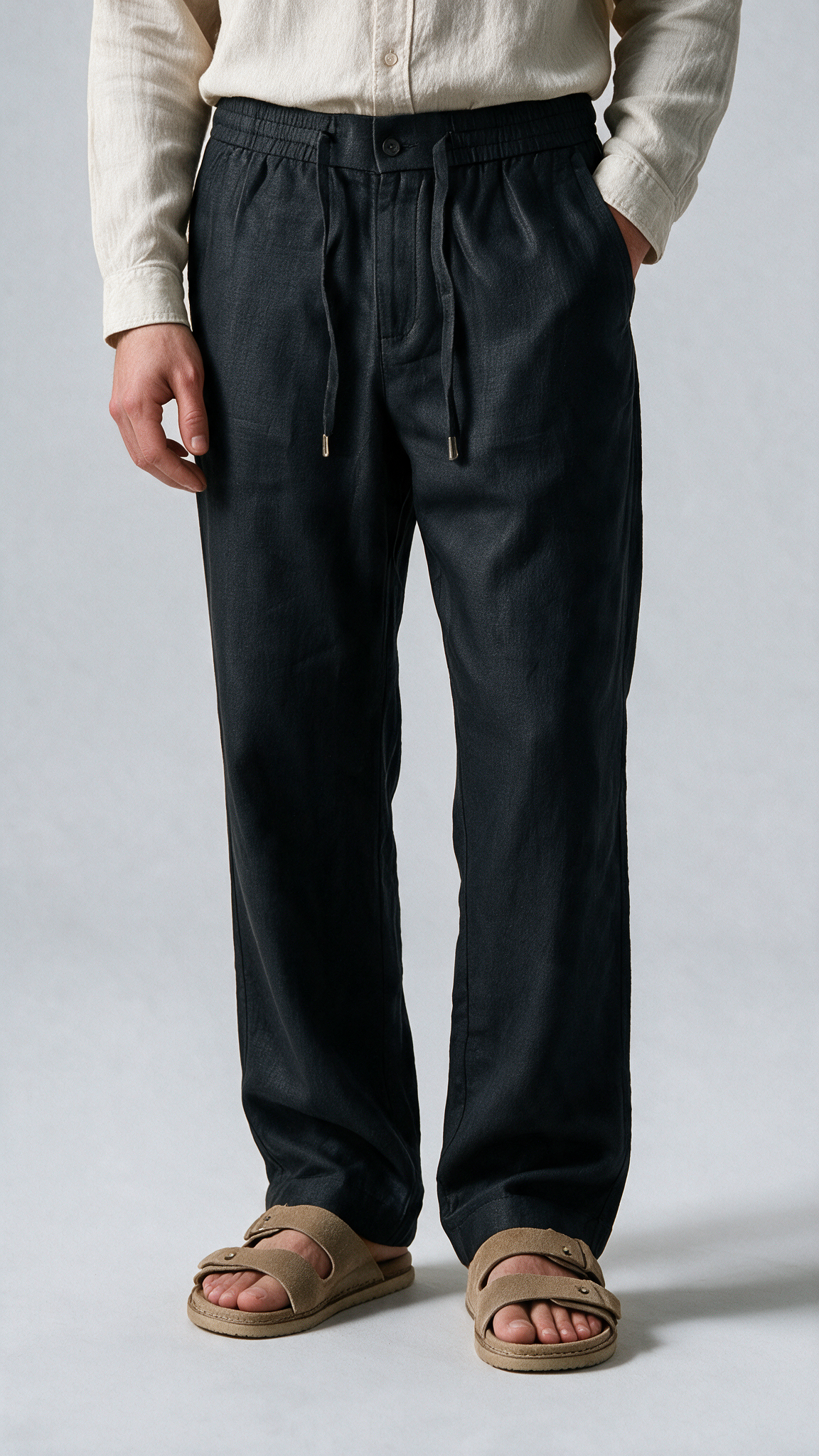 Fluid Linen Casual Pants - Black