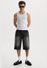 Baggy Denim Bermuda Shorts - Black